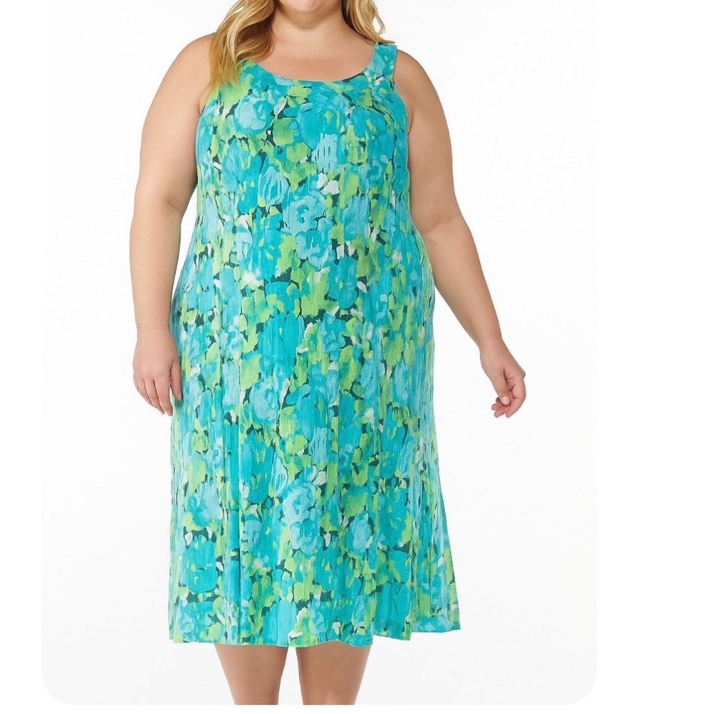 Catherines Blue Green Floral‎ Pleated Sleeveless Dress Size 32W
